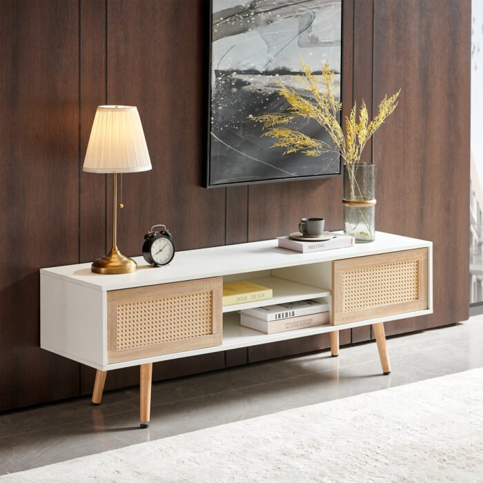 Rattan TV cabinet with double sliding doors and adjustable shelfs and solid wooden legs, White - Image 3
