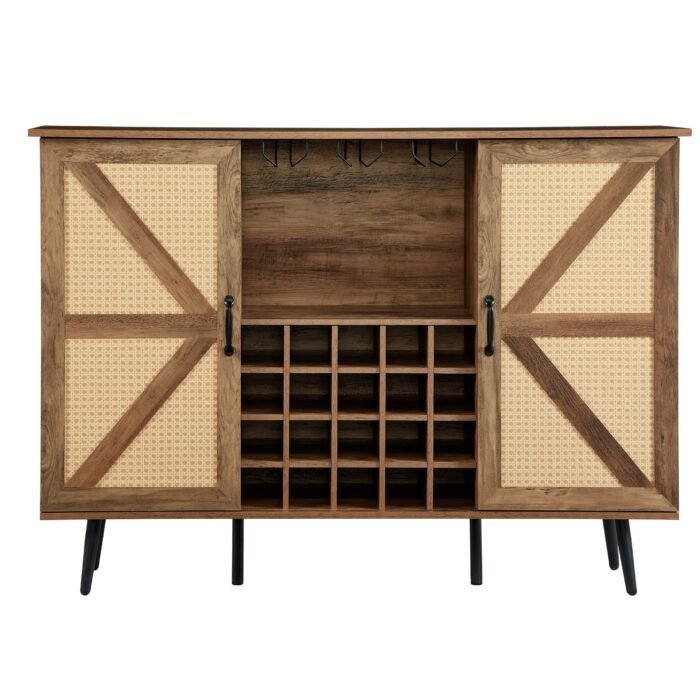 Faux Rattan Barn Door Wine Cabinet with Wine Glass Rack and Double Door Design - Image 12