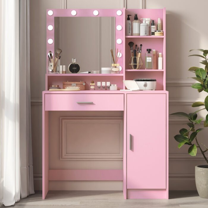 Makeup Vanity Desk with Mirror and Light, Pink - Image 2