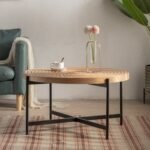 Modern Thread Design Round Coffee Table MDF Table Top with Cross Legs Metal Base - Image 3