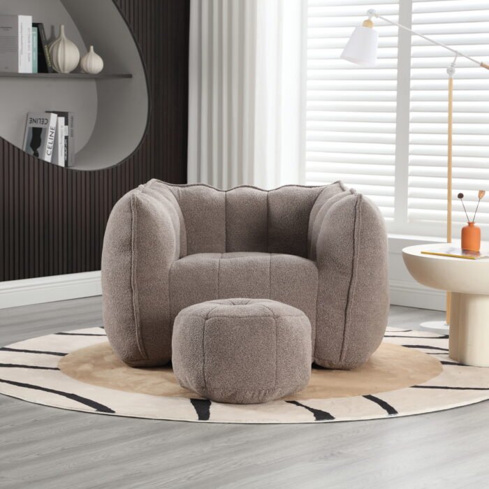 Soft Bean Bag Chair with High Resilient Foam with Footstool, Light Gray - Image 4