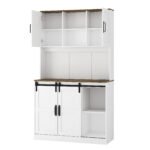 Farmhouse Bar Cabinet with Sliding Barn Door Rustic Coffee, White - Image 4