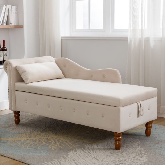 Chaise Lounge Velvet with Storage and Pillow and Arms, White - Image 3