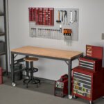 60 inch adjustable wooden and metal heavy-duty garage workbench with power socket and wheels