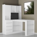 L-shaped corner office desk with charger with bookshelf and drawers and LED lights - Image 2