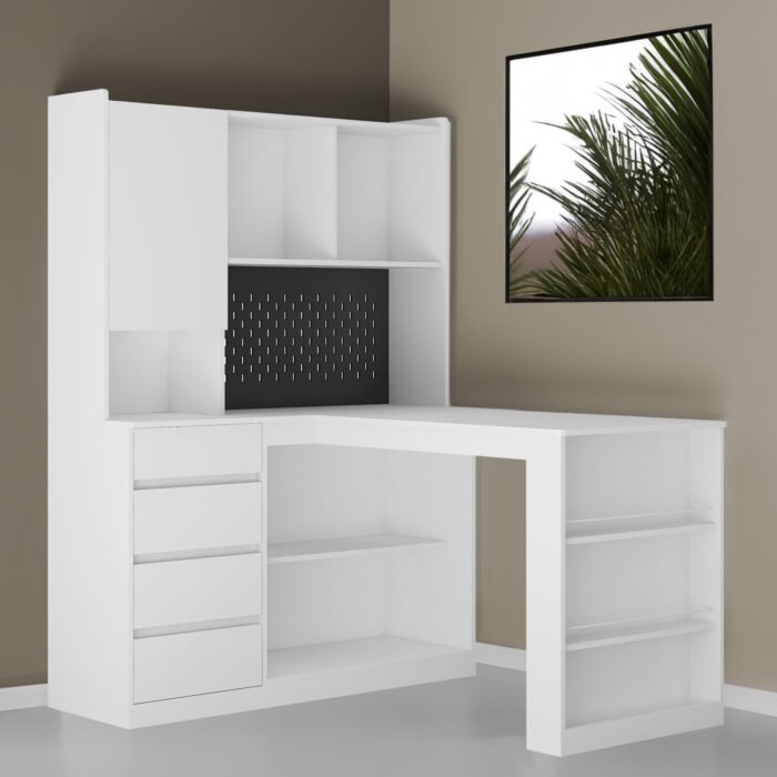 L-shaped corner office desk with charger with bookshelf and drawers and LED lights - Image 2