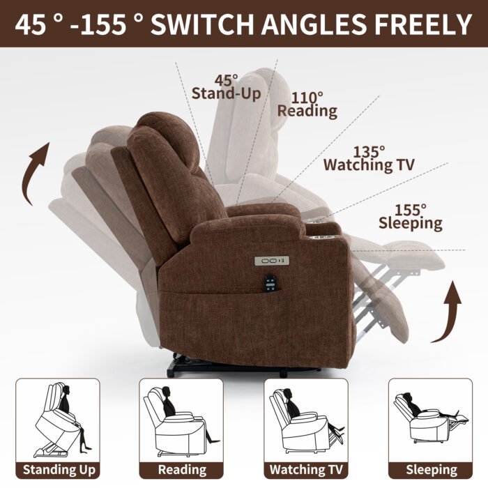 Okin motor Up to 350 LBS Chenille Power Lift Recliner Chair Brown - Image 7