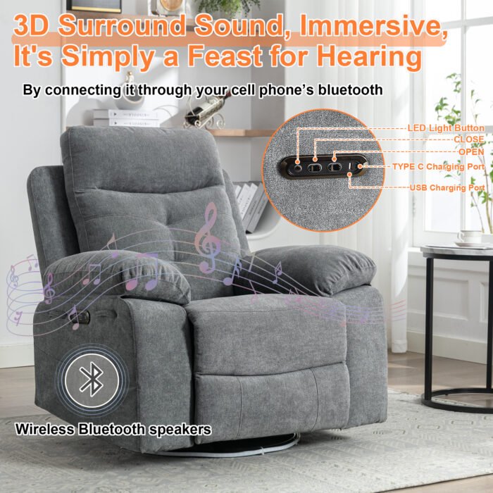 270 degree rotating electric recliner with speaker, LED light and USB+C charging port - Image 9