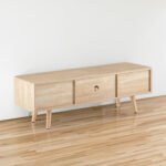 Rattan TV cabinet with double sliding doors and adjustable shelfs and solid wooden legs, Natural