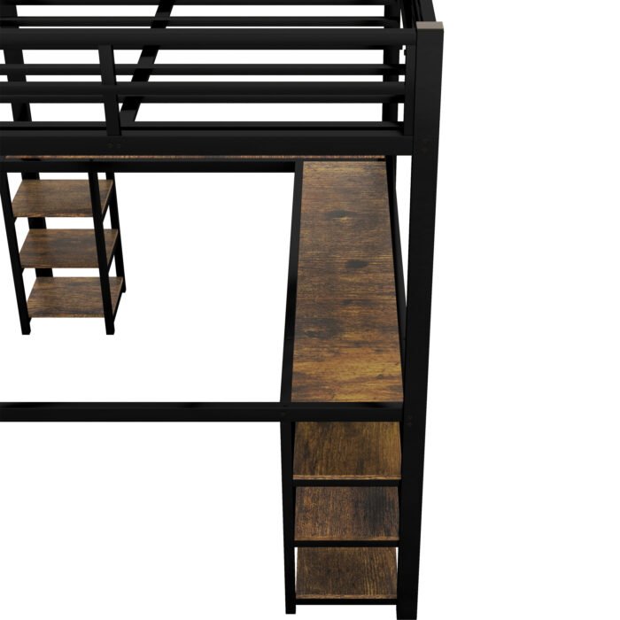 Full Size Metal Loft Bed with Desk, Shelves, Ladder and Guardrails, Black - Image 8
