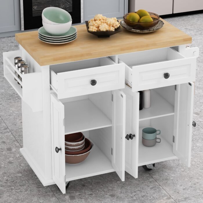 Kitchen Island Cart with Two Locking Wheels and Two Drawers Spice Rack - Image 4