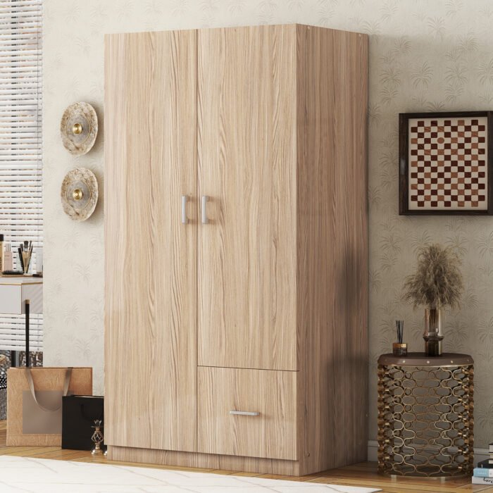 Wooden Wardrobe with Double Doors and Hanging Rod and 5 Fixed Shelves - Image 2