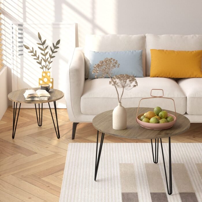 Round Nesting Coffee Table with Sturdy Metal Base ( Set of 2), Brown - Image 3