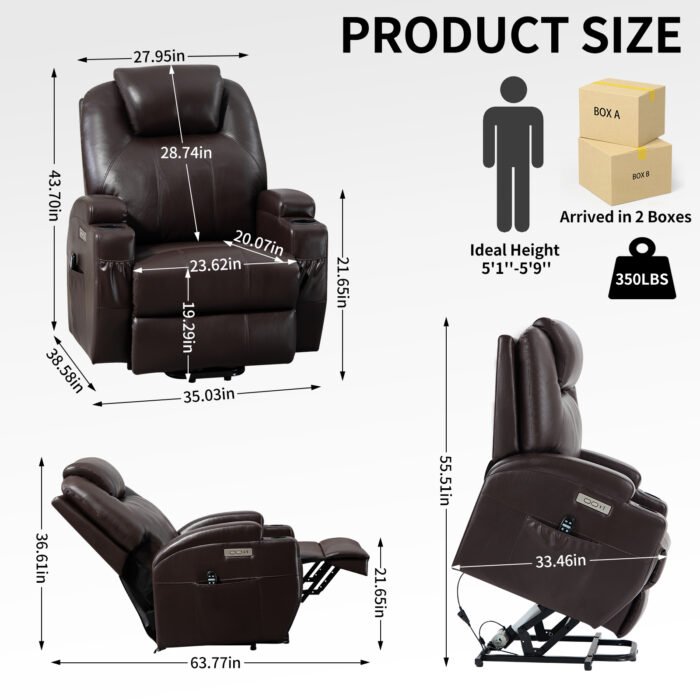 Up to 350lbs Okin Motor Power Lift Recliner Chair for Elderly Brown - Image 5