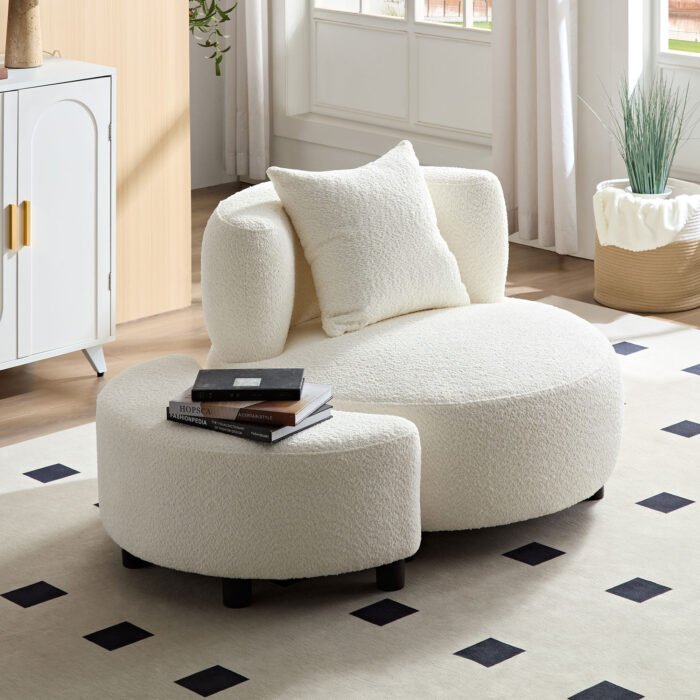 Modern Single Teddy Fabric Sofa Chair with Ottoman Foot Rest, Beige - Image 3