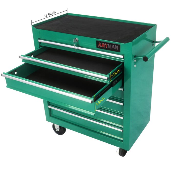 7 Drawers Multifunctional Tool Cart With Wheels, Green - Image 4
