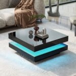 ON-TREND High Gloss Minimalist Design with LED Lights 2-Tier Square Coffee Table Black - Image 2