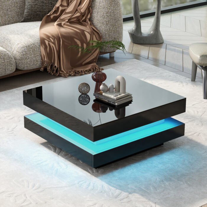 ON-TREND High Gloss Minimalist Design with LED Lights 2-Tier Square Coffee Table Black - Image 2