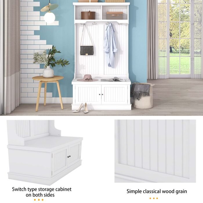 Entryway and Hallway 4 in1 Coat Rack with Shoe Storage Bench and 4 Hooks, White - Image 16