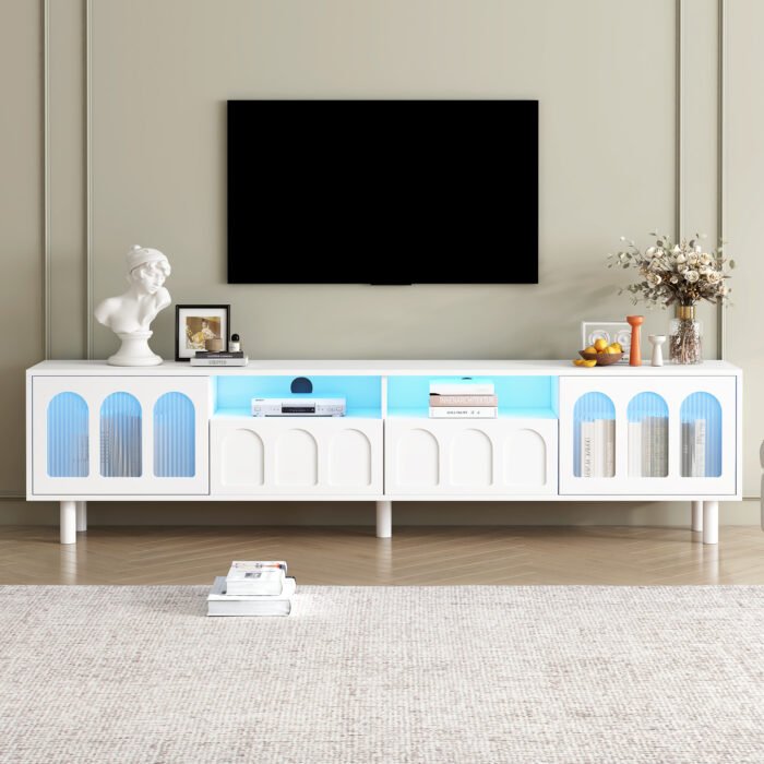 ON-TRANS TV stand with LED light strip and tempered glass door (up 80"), White - Image 15