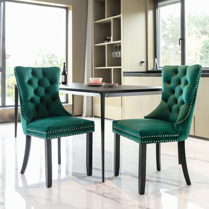 Tufted Solid Wood Contemporary Velvet Upholstered Dining Chairs (2-Pcs Set) Green - Image 2