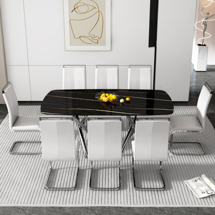 Large modern minimalist rectangular dining table with marble mitation and silver metal legs - Image 11