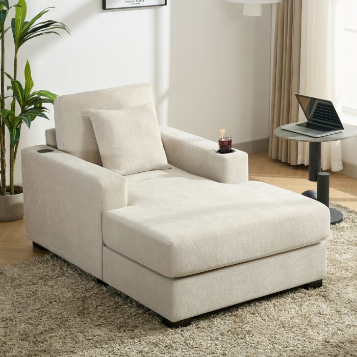 Oversized Modern Chaise Lounger with Pillows Charge Station and Cup Holders - Image 2