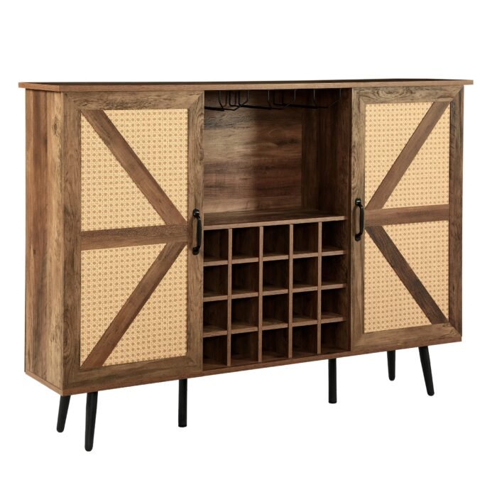 Faux Rattan Barn Door Wine Cabinet with Wine Glass Rack and Double Door Design - Image 7