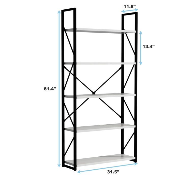5-Tier Freestanding White Bookshelf with Minimalist Open Display, White - Image 3