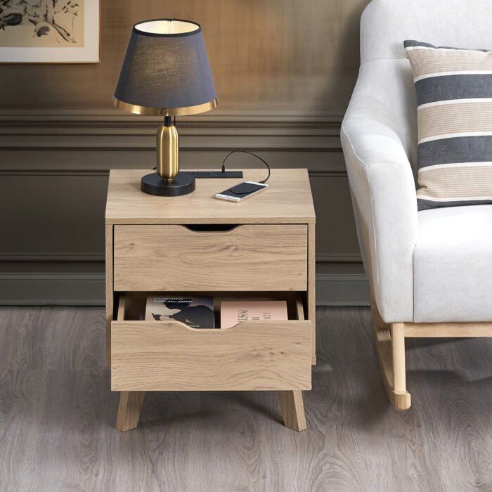 NORDICA Wooden Nightstand with USB and Type-C charging station, Natural oak - Image 3