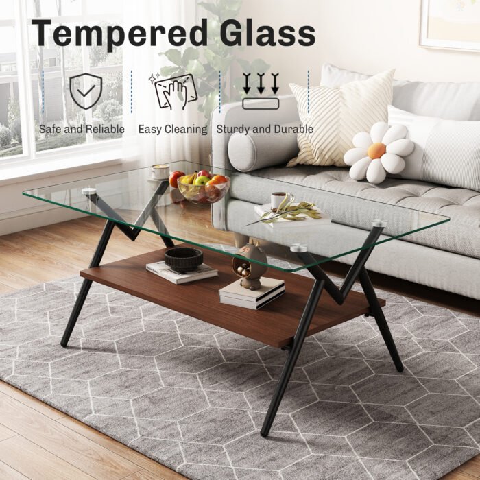 Rectangle Coffee Table with Tempered Glass top and Black Metal Legs - Image 5