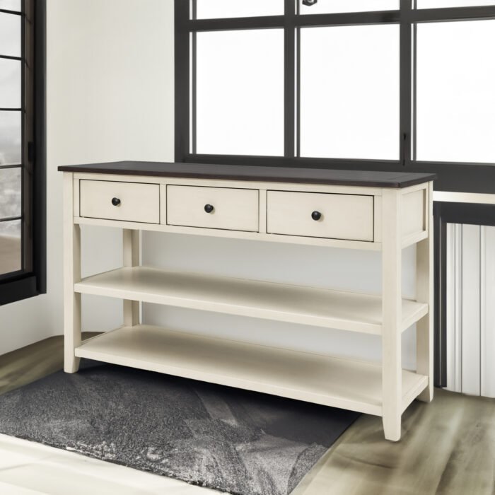 Retro Design Console Table with Two Open Shelves (Espresso+Beige) - Image 3