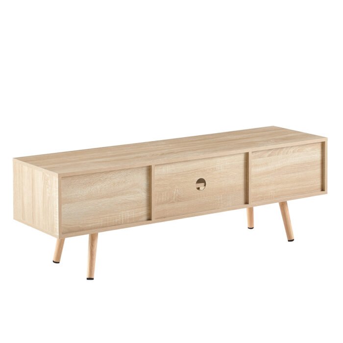 Rattan TV cabinet with double sliding doors and adjustable shelfs and solid wooden legs, Natural - Image 6