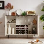 Faux Rattan Barn Door Wine Cabinet with Wine Glass Rack and Double Door, White