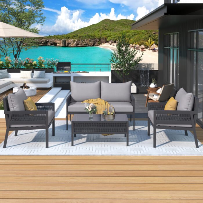 Outdoor Deep Seating Furniture Set with Tempered Glass Table with Thick Cushions, Gray - Image 2
