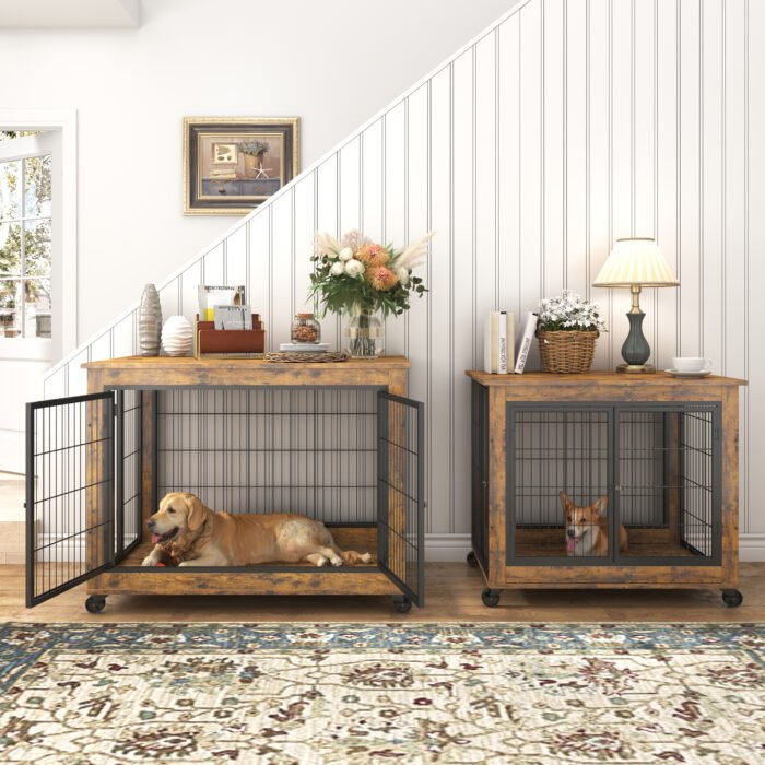 Furniture Dog Cage with Double Doors, Rustic Brown - Image 4