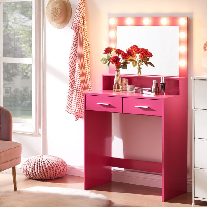 Makeup Vanity Desk with Mirror and Light, Pink - Image 2