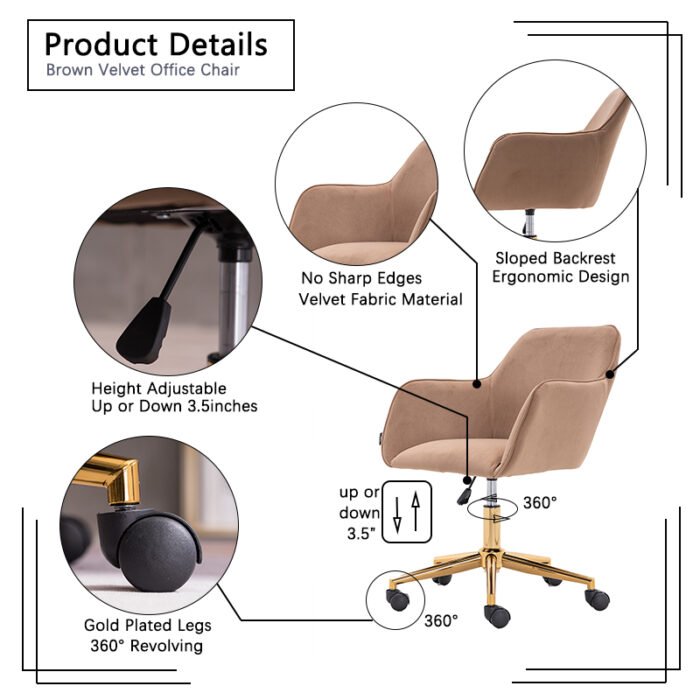 Modern Velvet Fabric Material Adjustable Height 360 revolving Office Chair, Light Brown - Image 6