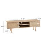 Rattan TV cabinet with double sliding doors and adjustable shelfs and solid wooden legs, Natural - Image 4
