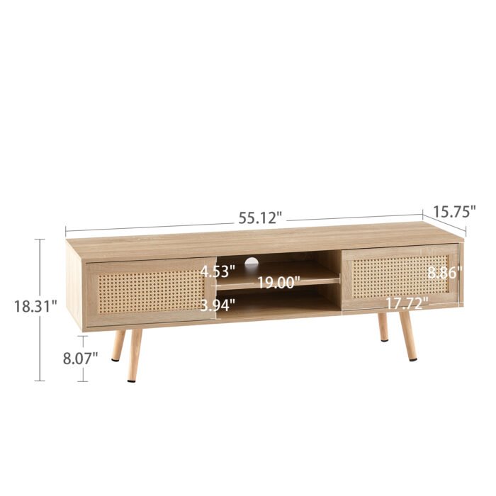 Rattan TV cabinet with double sliding doors and adjustable shelfs and solid wooden legs, Natural - Image 4