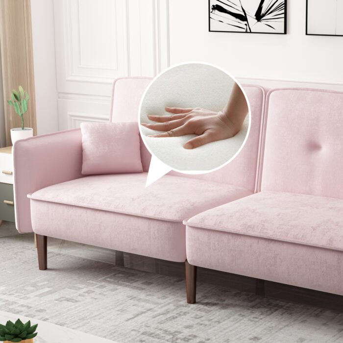 Convertible Sofa Bed with Wood Legs in Velvet (Pink) - Image 5