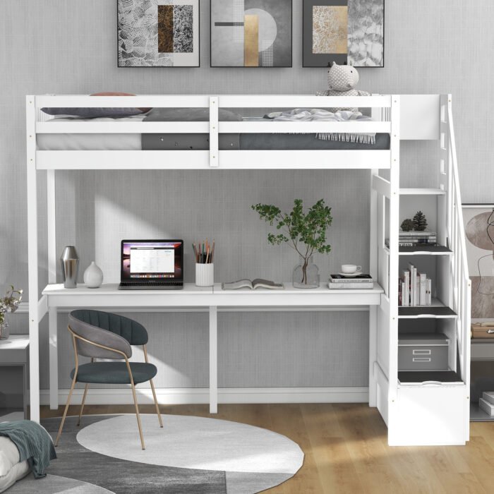 Twin Size Loft Bed with Storage Staircase and Built-in Desk, White - Image 2