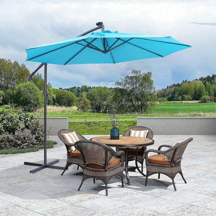 10FT Patio Outdoor Hanging Cantilever Umbrella with Easy Open Adustment and 32 LED Lights, Blue - Image 2