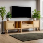 Vine TV stand with 2 cabinets and 2 open shelves with solid wood legs (up to 80 inches)