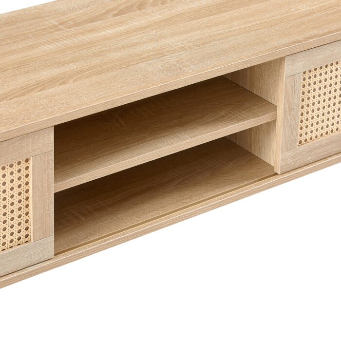 Rattan TV cabinet with double sliding doors and adjustable shelfs and solid wooden legs, Natural - Image 19
