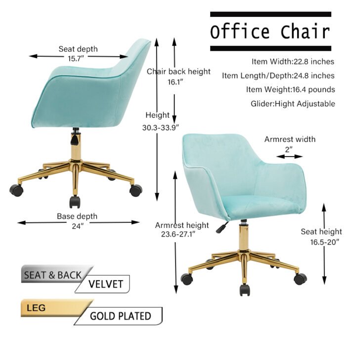 Modern Velvet Fabric Adjustable Height 360 revolving Office Chair, Light Blue - Image 5