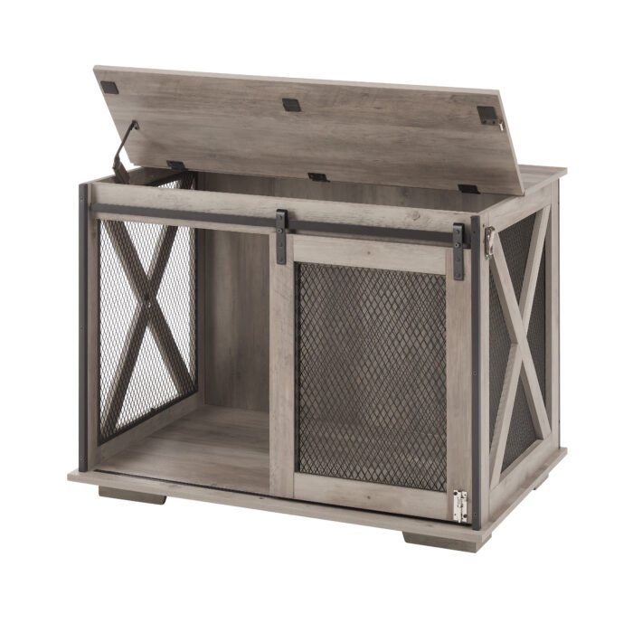Dog Cage Crate Furniture with Sliding Barn Door Kennel with Flip-top Plate - Image 15