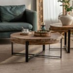 Retro Splicing Round Coffee Table Fir Wood Table Top with Cross Legs Metal Base - Image 2