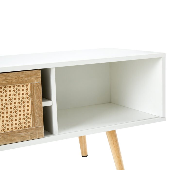 Rattan TV cabinet with double sliding doors and adjustable shelfs and solid wooden legs, White - Image 12