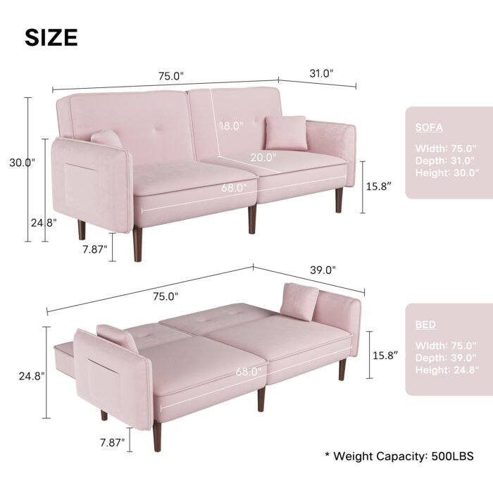 Convertible Sofa Bed with Wood Legs in Velvet (Pink) - Image 6